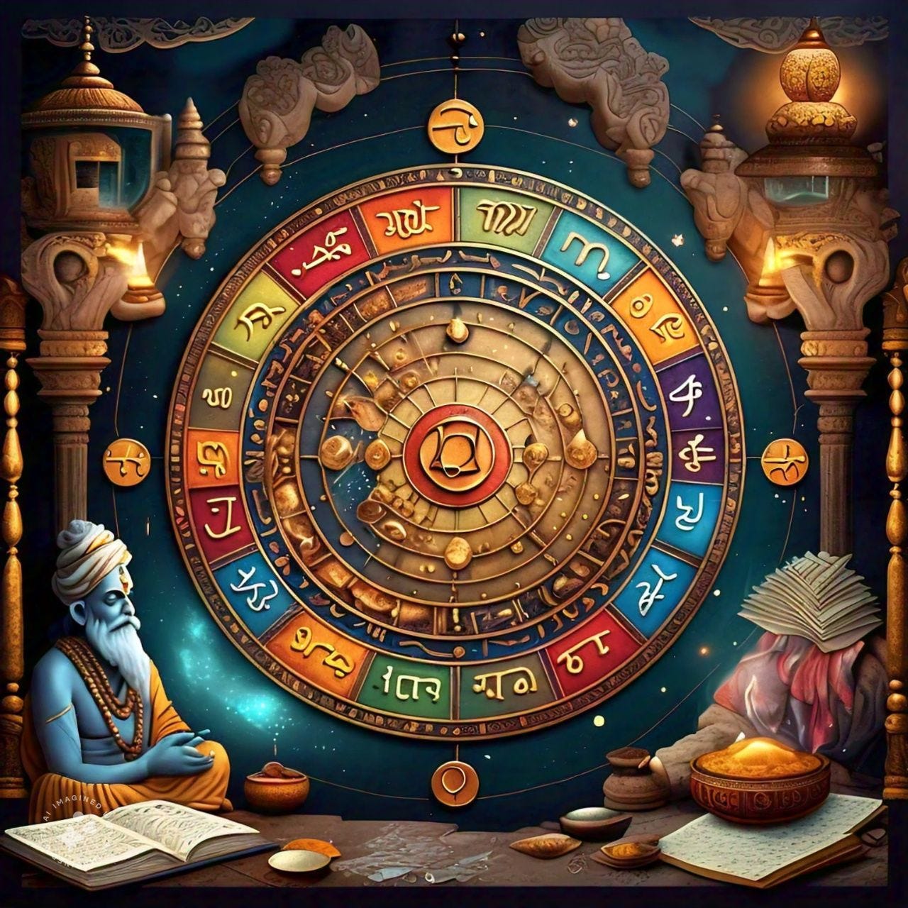 Illustration of ancient Rishi with Vedic astrology wheel showing planetary houses and zodiac symbols – used in article on dangers of simplistic astrological predictions