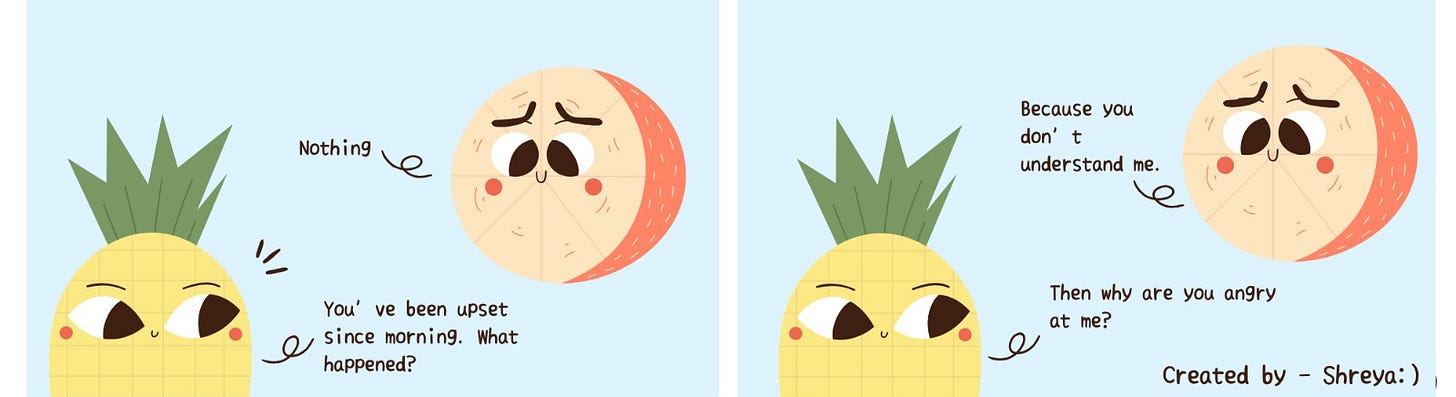 Cute emotional comic strip showing a conversation between two characters about feeling misunderstood. One character asks why the other is upset, while the second replies, “Because you don’t understand me,” representing silent expectations, emotional confusion, and communication struggles in relationships.