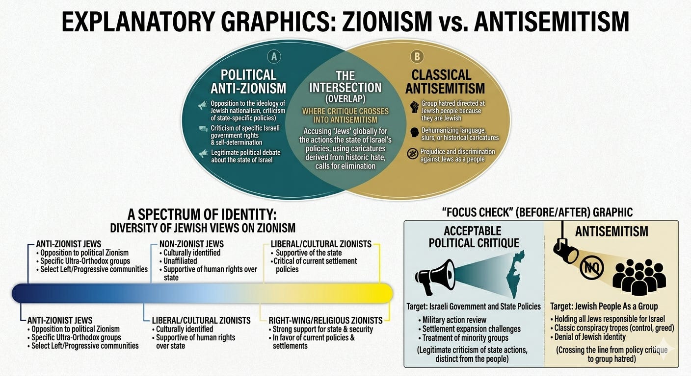 Explanatory graphic showing the difference between Zionism and antisemitism, including a Venn diagram of political anti-Zionism and classical antisemitism, a spectrum of Jewish views on Zionism, and a focus check comparing acceptable political critique of Israel versus antisemitism Explanatory graphic showing the difference between Zionism and antisemitism, including a Venn diagram of political anti-Zionism and classical antisemitism, a spectrum of Jewish views on Zionism, and a focus check comparing acceptable political critique of Israel versus antisemitism