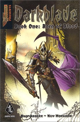 The cover of the Darkblade Graphic Novel, depicting a helmeted, sword-wielding Malus Darkblade. The Title declares "Darkblade Book 1: Born of Blood."
