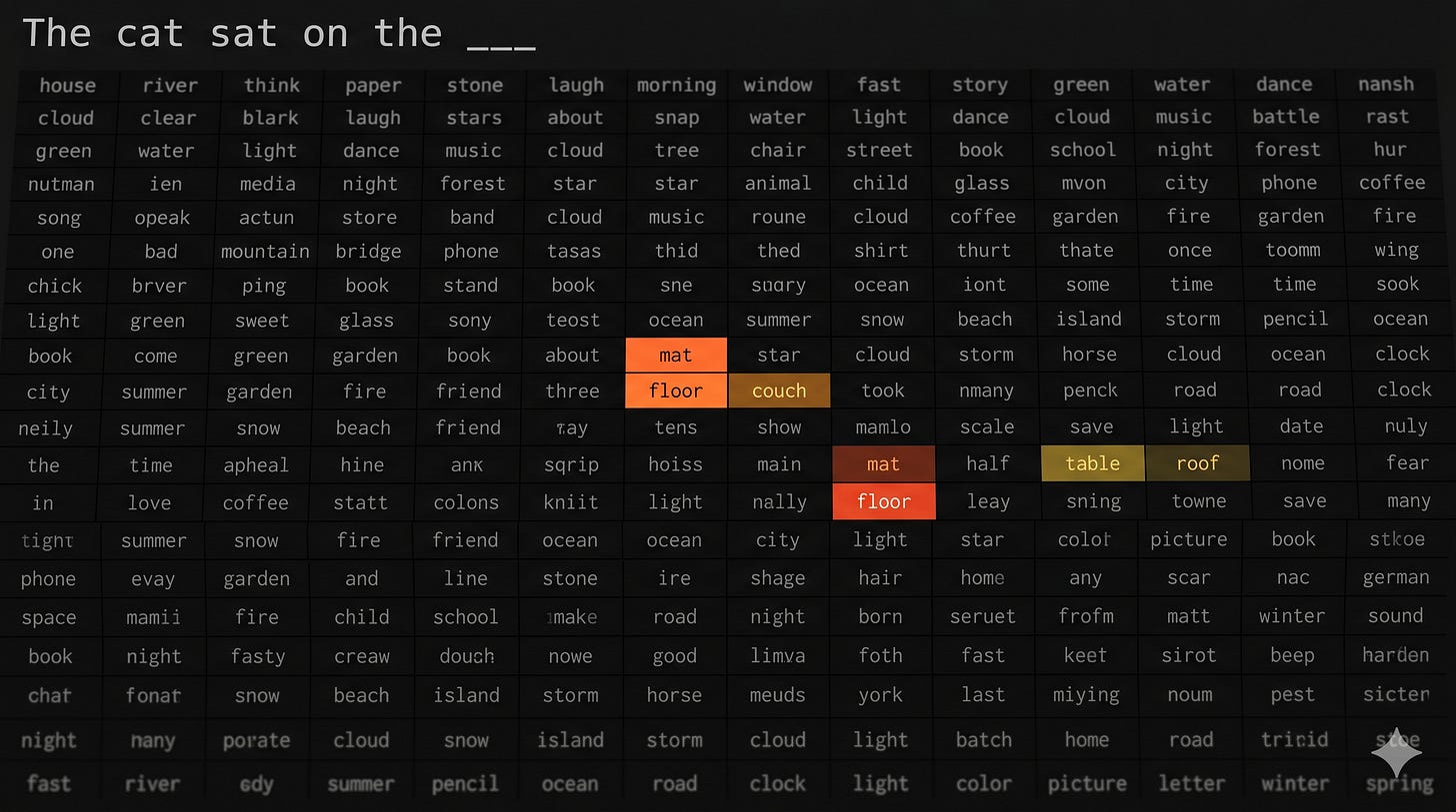 Next-word prediction heatmap — a grid of vocabulary words with high-probability candidates like "mat," "floor," and "couch" glowing bright while thousands of others stay dark Next-word prediction heatmap — a grid of vocabulary words with high-probability candidates like "mat," "floor," and "couch" glowing bright while thousands of others stay dark