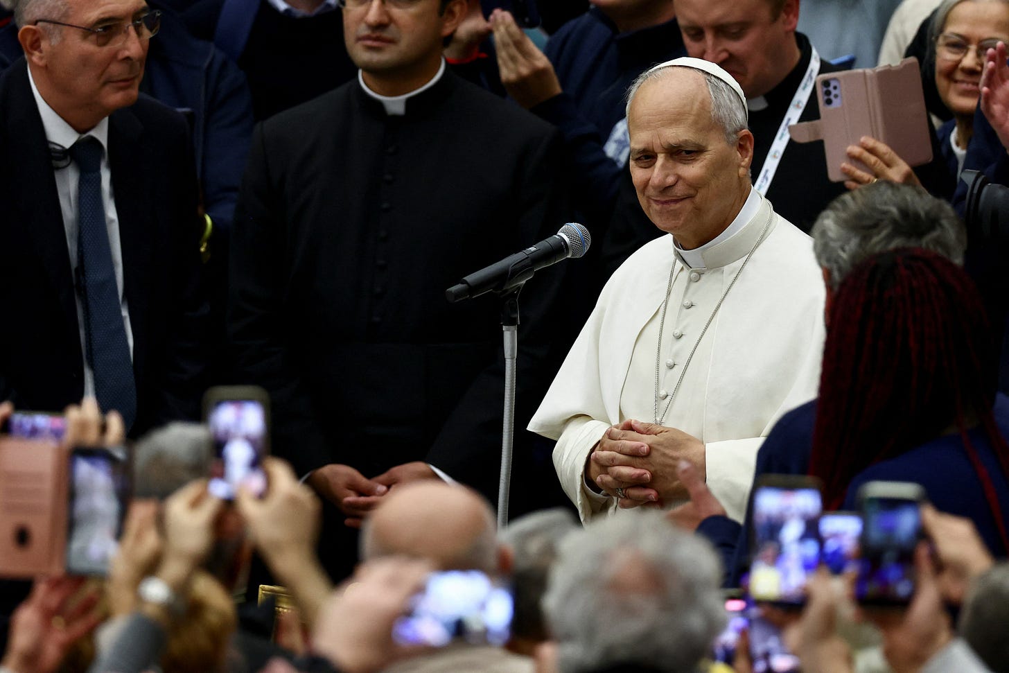 Pope Leo XIV attends a lunch with poor people in Paul VI Hall at the Vatican Pope Leo XIV attends a lunch with poor people in Paul VI Hall at the Vatican