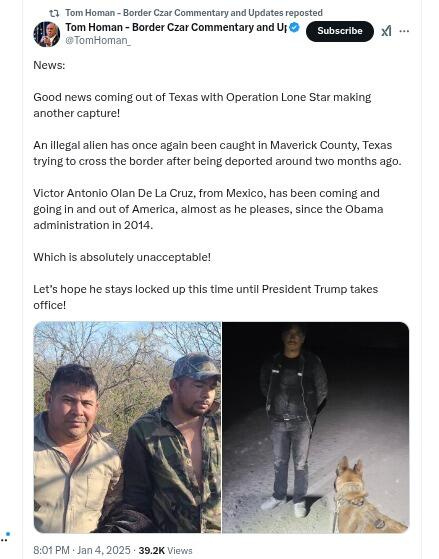 x.com post by incoming "Border Czar" Tom Homan
