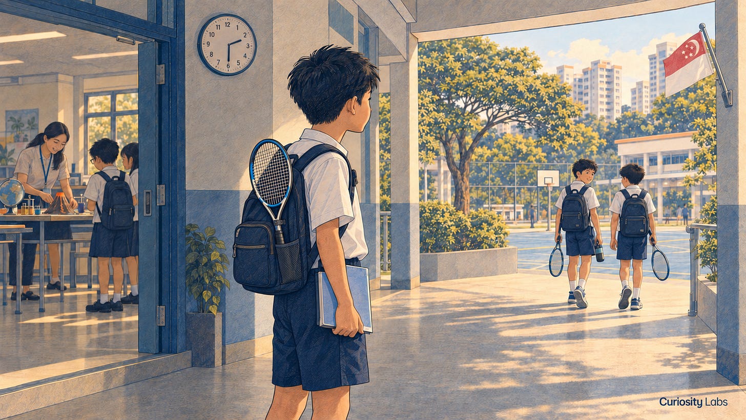 A Singapore pupil between an enrichment classroom and friends heading to the tennis court. A Singapore pupil between an enrichment classroom and friends heading to the tennis court.