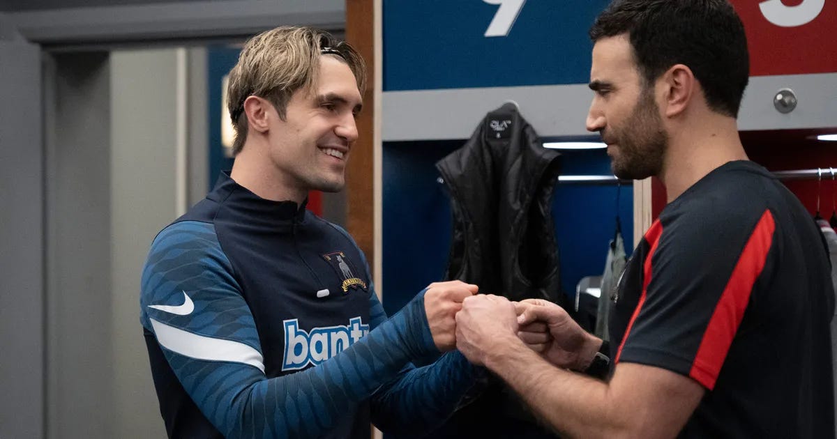 Previous rivals Jamie Tartt and Roy Kent fist-bump on Ted Lasso