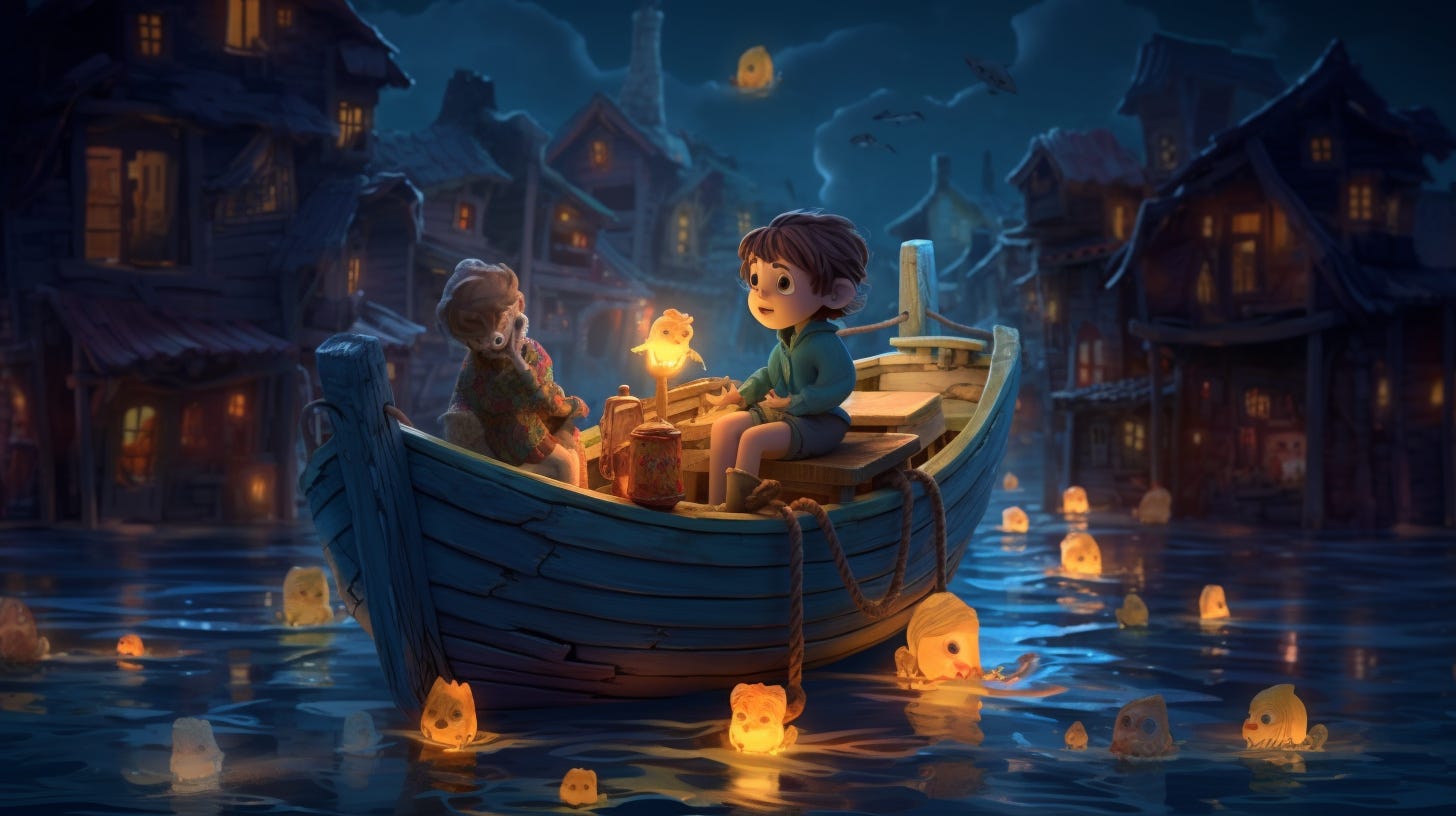 at night , A very cute little girl is sitting on a Boat , van gogh's sky,nightingale is singing,with furry monster,chibi ,3D, full body portralt ,watery eyes,bright lights,Characters are smaller,8kbest quality , super detail , super detail ,bold use of color,panoramic, UItra HD,16k