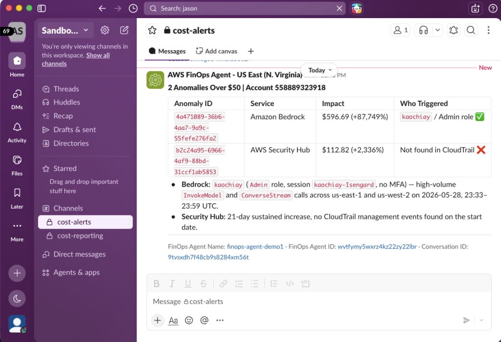 Figure 2 - FinOps Agent Slack Channel Message Figure 2 - FinOps Agent Slack Channel Message