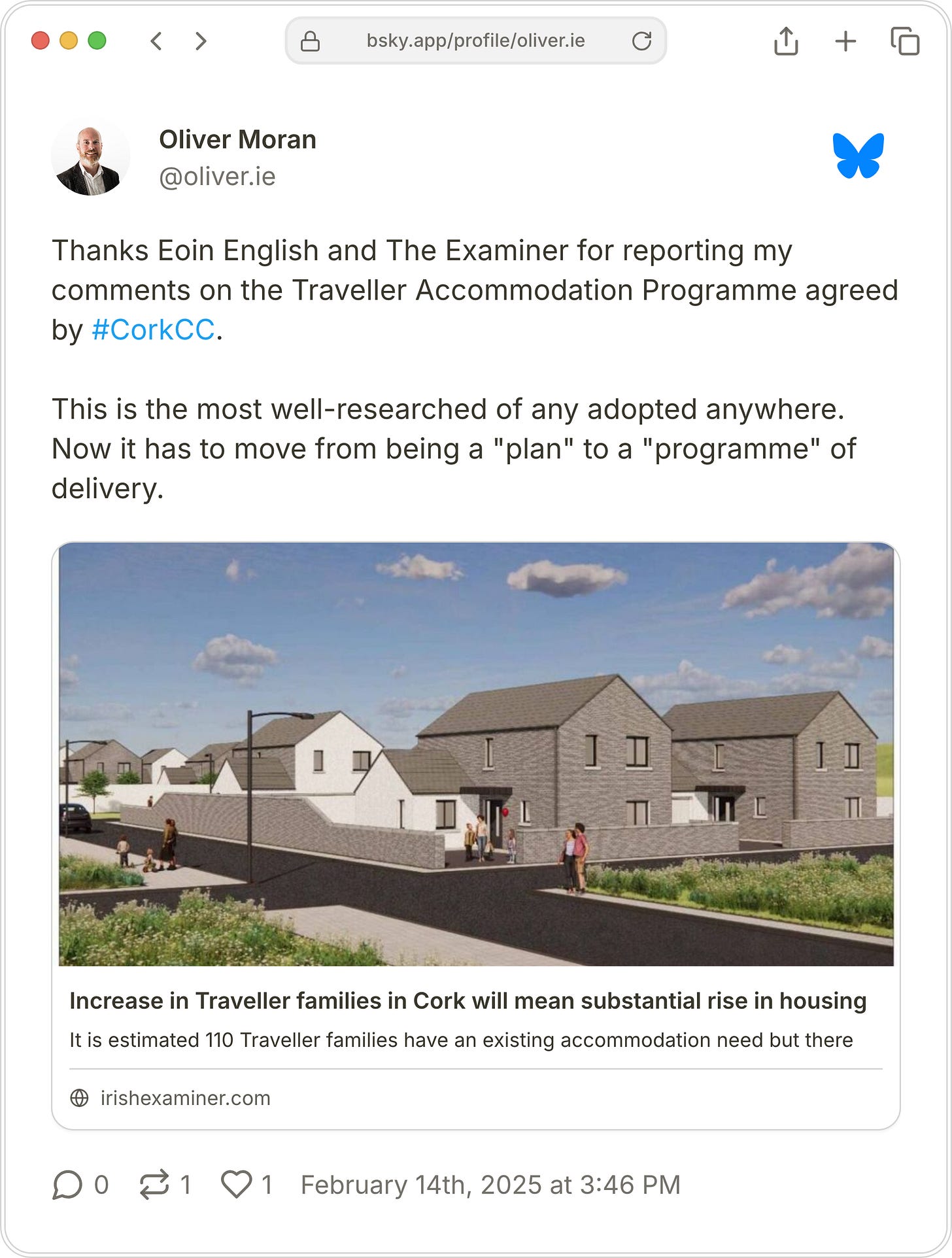 A post to Bluesky from Oliver Moran with the text, "Thanks Eoin English and The Examiner for reporting my comments on the Traveller Accommodation Programme agreed by #CorkCC. This is the most well-researched of any adopted anywhere. Now it has to move from being a "plan" to a "programme" of delivery."
