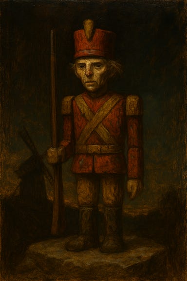 Clarion's toy soldier sits upright on a moss-covered rock near the path to Old Bonegrinder. It is carved from aged wood, worn smooth by time and memory. The figure is small—no taller than a thumb—and shaped like a militia captain, with a tiny sword at its side and a faded crest etched into its chest. One arm is slightly chipped, and the paint has long since faded to muted browns and grays. Despite its age, the soldier stands proud, its posture straight, as if still guarding dreams. The atmosphere is quiet, nostalgic, and tinged with sorrow—capturing the moment Clarion sets it down before the party enters the windmill. Clarion's toy soldier sits upright on a moss-covered rock near the path to Old Bonegrinder. It is carved from aged wood, worn smooth by time and memory. The figure is small—no taller than a thumb—and shaped like a militia captain, with a tiny sword at its side and a faded crest etched into its chest. One arm is slightly chipped, and the paint has long since faded to muted browns and grays. Despite its age, the soldier stands proud, its posture straight, as if still guarding dreams. The atmosphere is quiet, nostalgic, and tinged with sorrow—capturing the moment Clarion sets it down before the party enters the windmill.