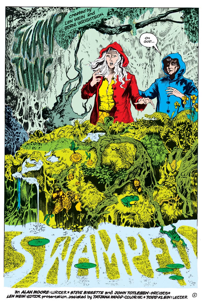 Saga of the Swamp Thing #22, P2, drawn by Steve Bissette and John Totleben. Swamp Thing has rooted into the swamp.