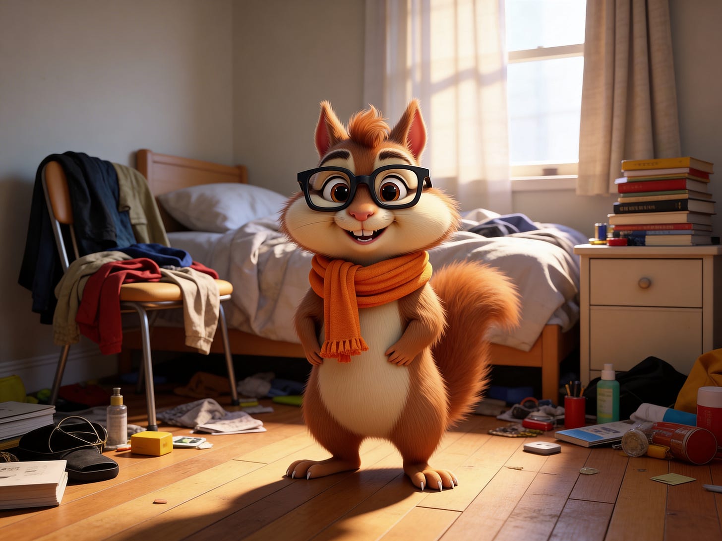Chester, a cartoon chipmunk, is smiling while standing in a messy bedroom