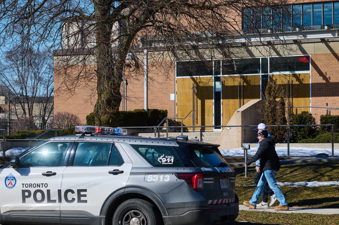 A police car parked outside Shaarei Shomayim synagogue in Toronto, March 8. A police car parked outside Shaarei Shomayim synagogue in Toronto, March 8.