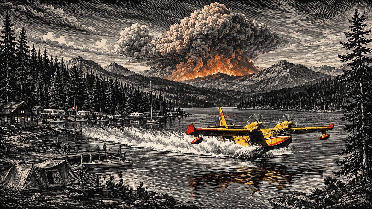 A Canadair water bomber scoops water from Alder Lake beneath a forming pyrocumulonimbus.