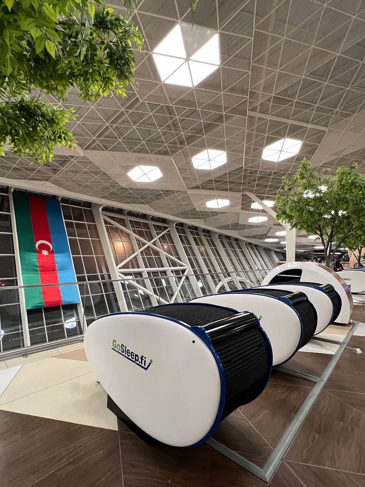 A reading nook and pay-per-hour sleeping pods in Aliyev International Airport, in Baku. 