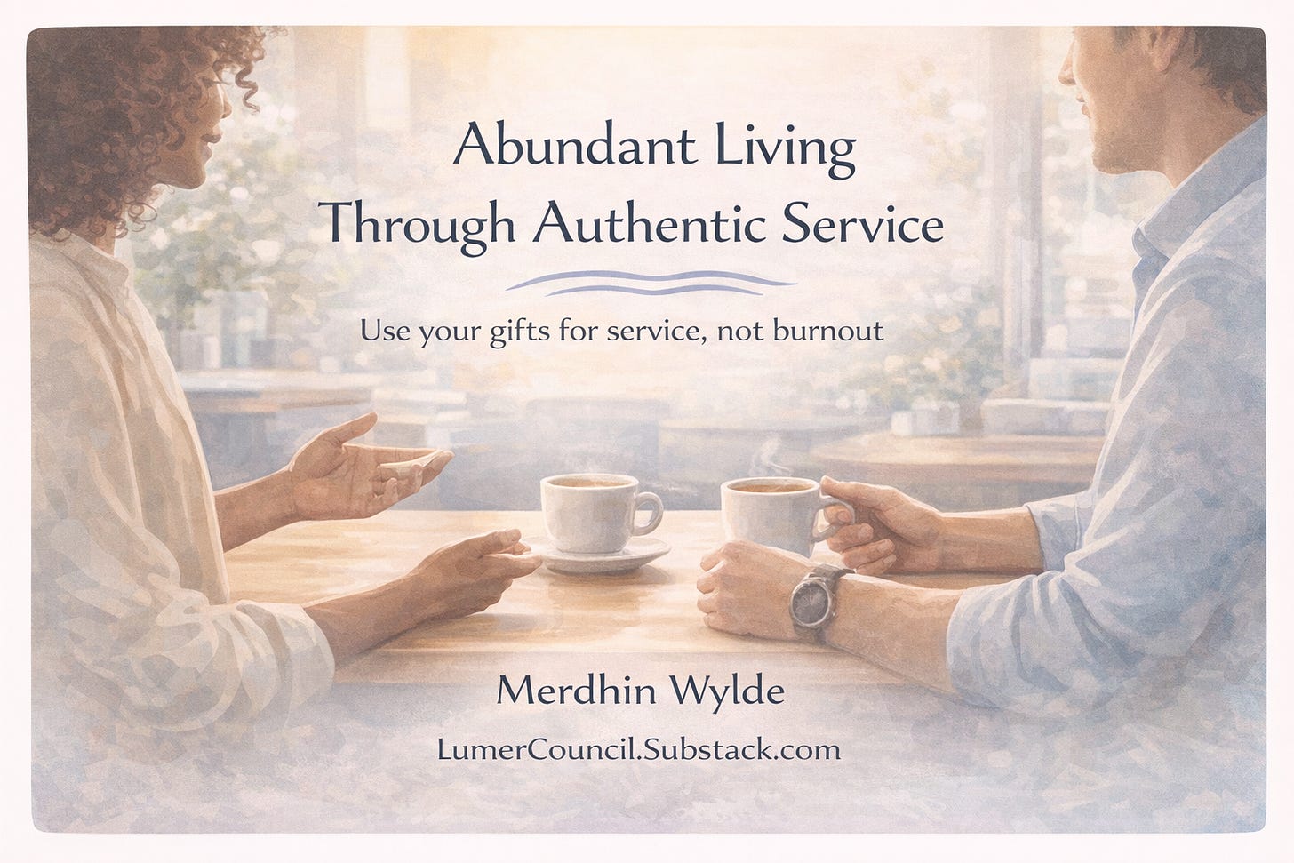 A watercolor-style course cover showing two people in conversation at a café table with two coffee cups. Centered text reads “Abundant Living Through Authentic Service” with a small blue wave line underneath, followed by the subtitle “Use your gifts for service, not burnout.” At the bottom it says “Merdhin Wylde” and “LumerCouncil.Substack.com.” A watercolor-style course cover showing two people in conversation at a café table with two coffee cups. Centered text reads “Abundant Living Through Authentic Service” with a small blue wave line underneath, followed by the subtitle “Use your gifts for service, not burnout.” At the bottom it says “Merdhin Wylde” and “LumerCouncil.Substack.com.”
