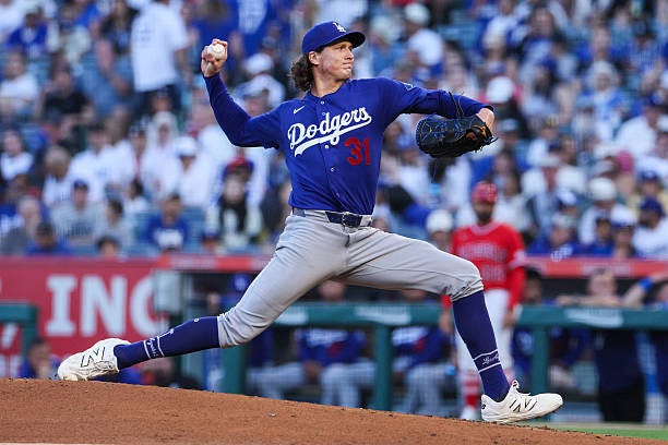 Los Angeles, CA Los Angeles Dodgers pitcher Tyler Glasnow throws a pitch during the second inning of a MLB spring training game against the Los...