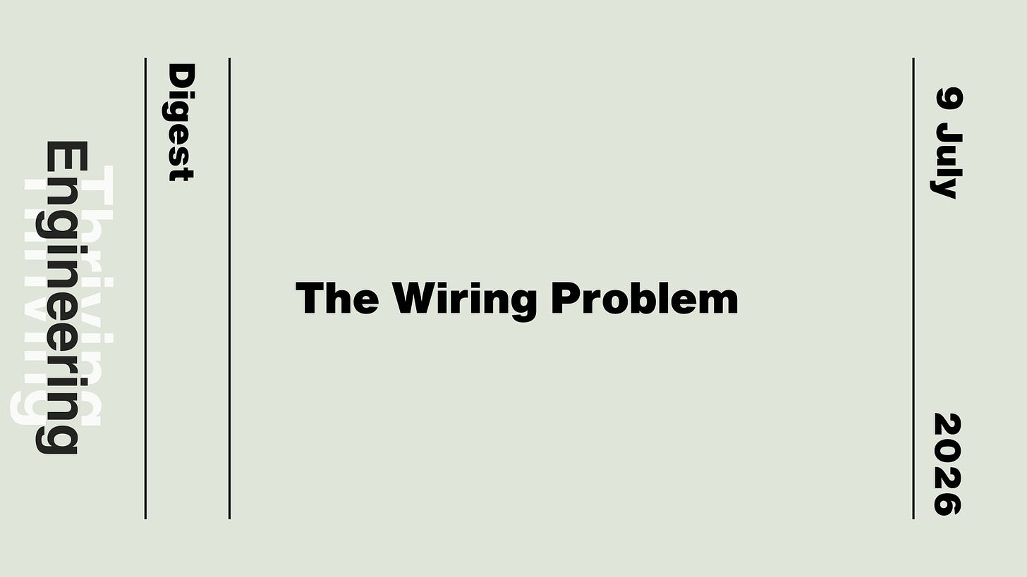 Light green graphic reading “The Wiring Problem” with “Thriving in Engineering Digest” and the date 9 July 2026. Light green graphic reading “The Wiring Problem” with “Thriving in Engineering Digest” and the date 9 July 2026.