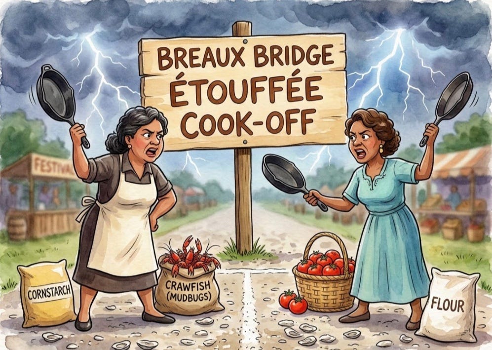 A watercolor illustration depicting a fierce cooking rivalry on opposite sides of a wooden sign reading "BREAUX BRIDGE ÉTOUFFÉE COOK-OFF" under a stormy sky with lightning. On the left, an angry woman stands by sacks of cornstarch and crawfish; on the right, an equally angry woman stands by a basket of tomatoes and a sack of flour. Both women are aggressively waving cast-iron skillets in the air. A watercolor illustration depicting a fierce cooking rivalry on opposite sides of a wooden sign reading "BREAUX BRIDGE ÉTOUFFÉE COOK-OFF" under a stormy sky with lightning. On the left, an angry woman stands by sacks of cornstarch and crawfish; on the right, an equally angry woman stands by a basket of tomatoes and a sack of flour. Both women are aggressively waving cast-iron skillets in the air.