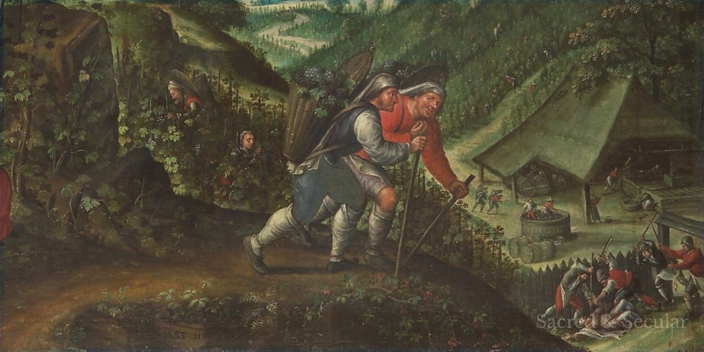 Detail from a sixteenth-century painting showing violent tenants attacking the landowner’s son in a vineyard, illustrating Jesus’ parable in Matthew 21. Detail from a sixteenth-century painting showing violent tenants attacking the landowner’s son in a vineyard, illustrating Jesus’ parable in Matthew 21.