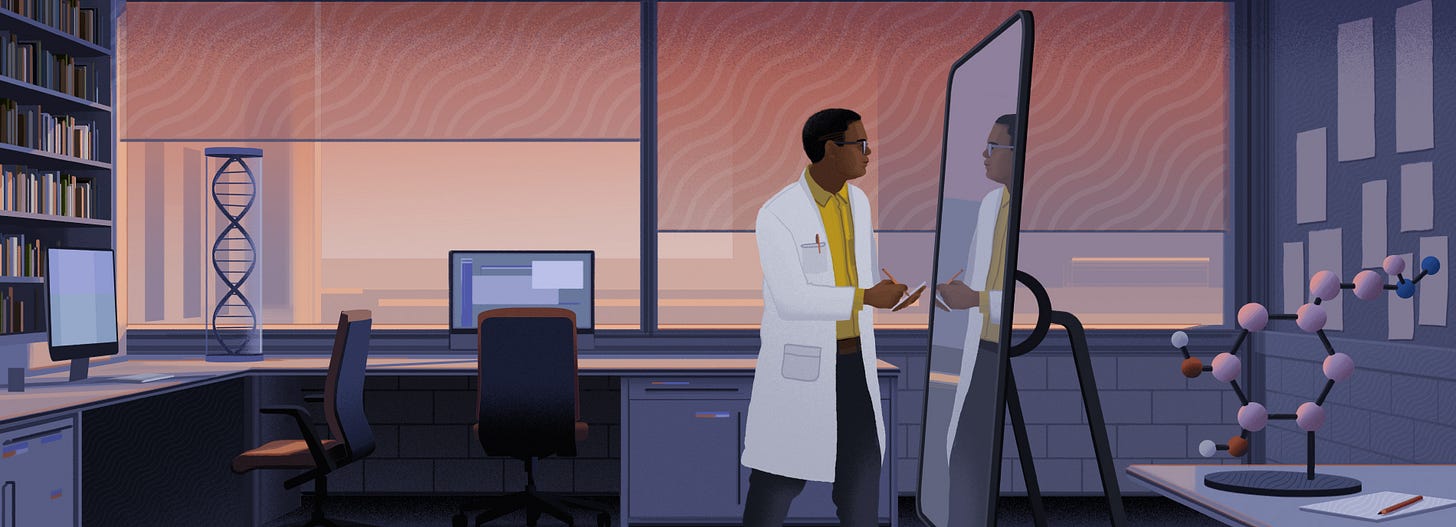 Colored drawing of a dark-skinned man in glasses and a lab coat writing on a notepad while looking in the mirror. Colored drawing of a dark-skinned man in glasses and a lab coat writing on a notepad while looking in the mirror.