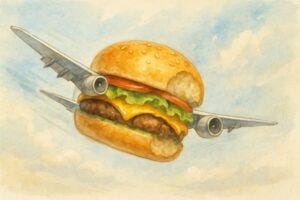 abstract illustration of a flying hamburger abstract illustration of a flying hamburger