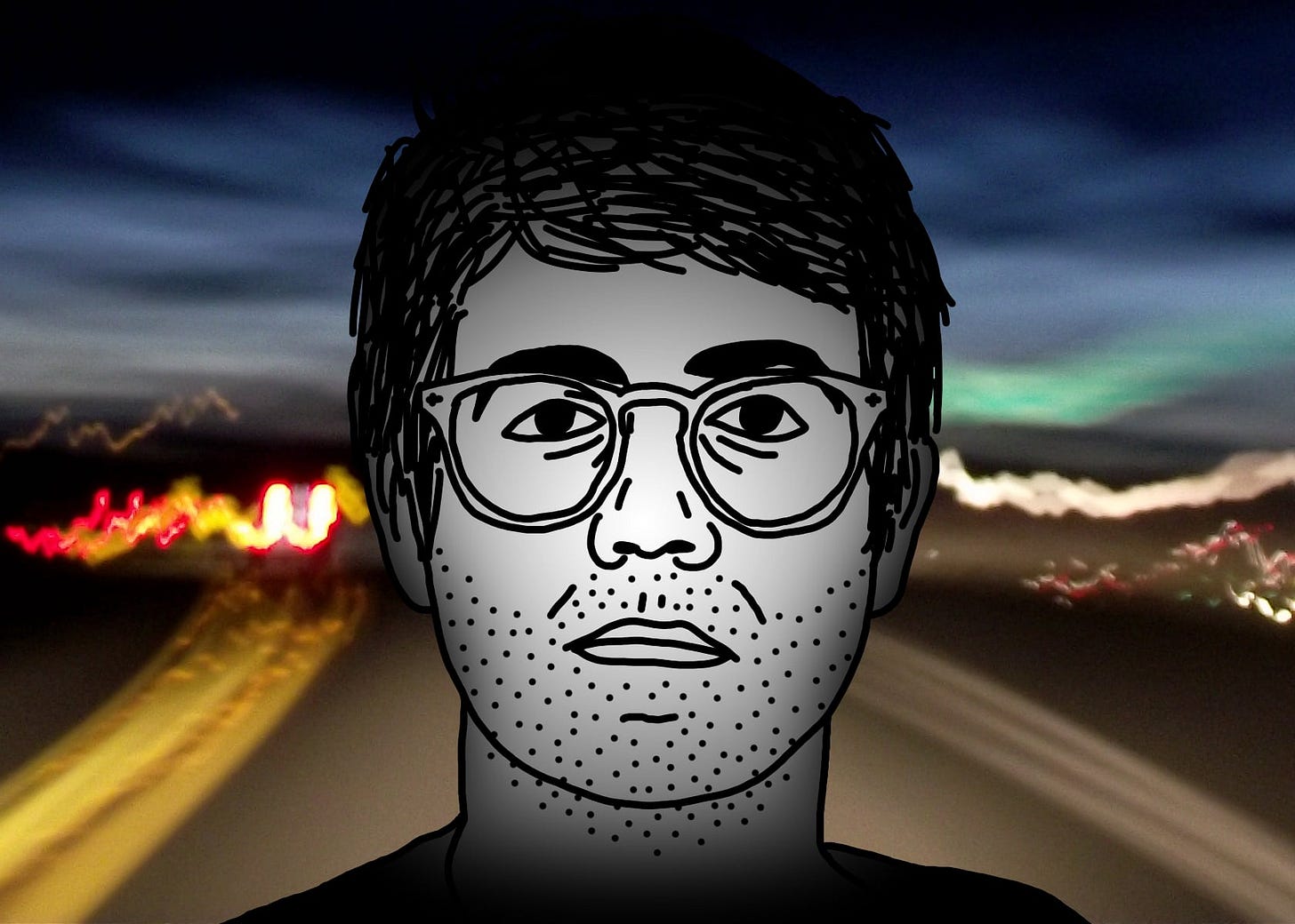 A black line drawing of Alex, the protagonist of "I Hear You Watching." He is white, short messy parted hair, glasses. He stares straight at you, unsmiling. He has a five-o’clock shadow and bags under his eyes. Behind him is a blurred, jiggling, long-exposure of a bend in a late-evening freeway.