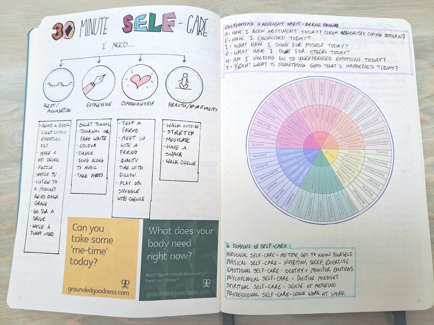 Notebook pages with a list self-care ideas and a printout of the wheel of emotions