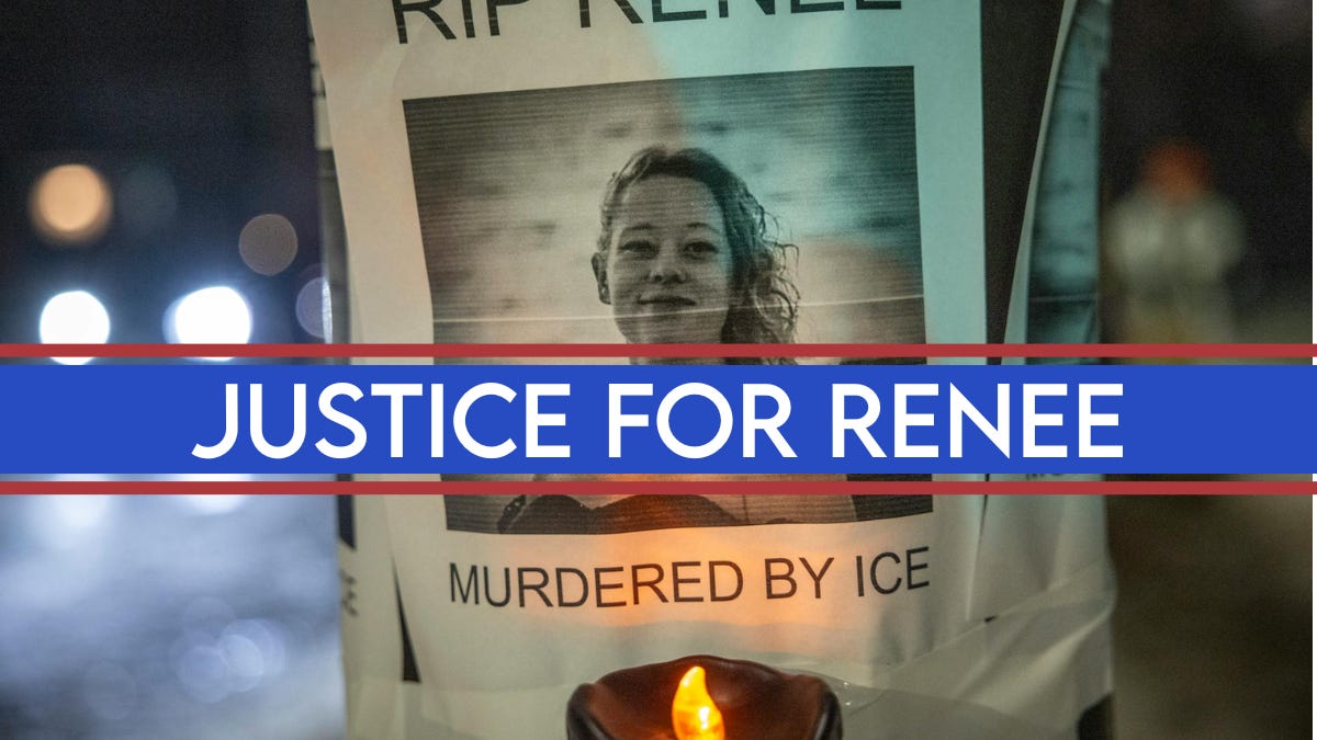Vigil poster with Renee’s photo and the words ‘Justice for Renee,’ with a candle glowing in the foreground. Vigil poster with Renee’s photo and the words ‘Justice for Renee,’ with a candle glowing in the foreground.