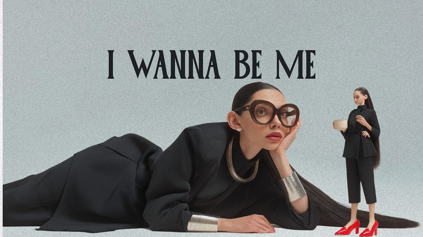 À Photo of a woman lying on the ground looking at her own small self À Photo of a woman lying on the ground looking at her own small self