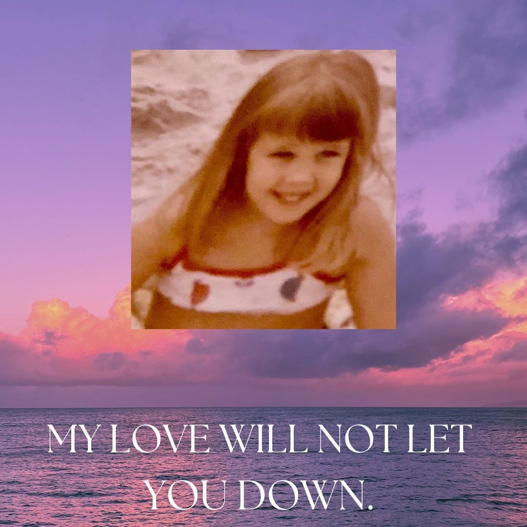 Photo of author Wendi Gordon with sunset over ocean and the words "My Love Will Not Let You Down." 