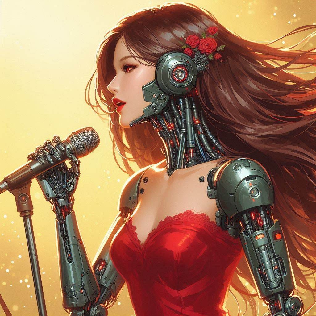A beautiful female cyborg with long brown hair and a red dress is singing into a microphone. Slight impressionist style. A beautiful female cyborg with long brown hair and a red dress is singing into a microphone. Slight impressionist style.