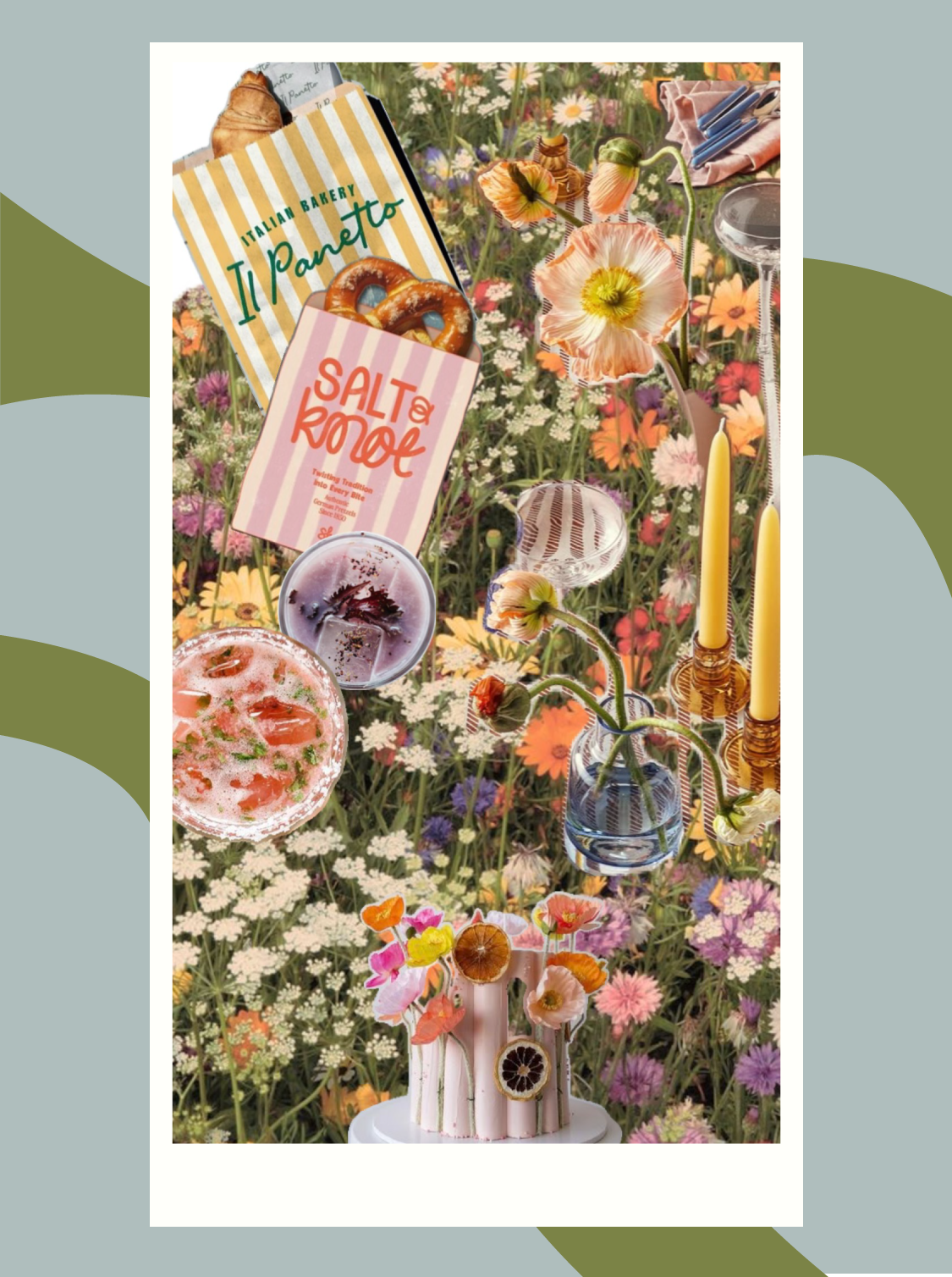 spring picnic collage with bright flowers, pastel color cocktails, and pretzels and croissants in decorative baggies spring picnic collage with bright flowers, pastel color cocktails, and pretzels and croissants in decorative baggies
