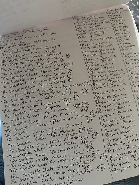 A few sheets of paper held together by binder clips with handwritten charts inventorying the books I owned/had read. On the last page of the inventory, Ravynn's own name appears with two books she has written herself.