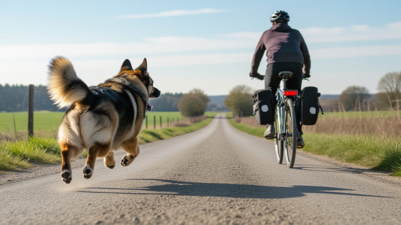 Run running behind a cyclist.