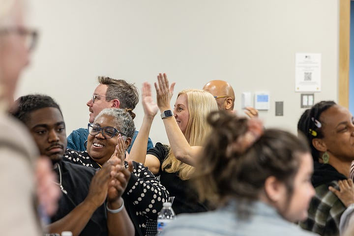 Photos of the graduation celebration for the inaugural CCP restorative justice cohort, including adult students, professors, and community members.