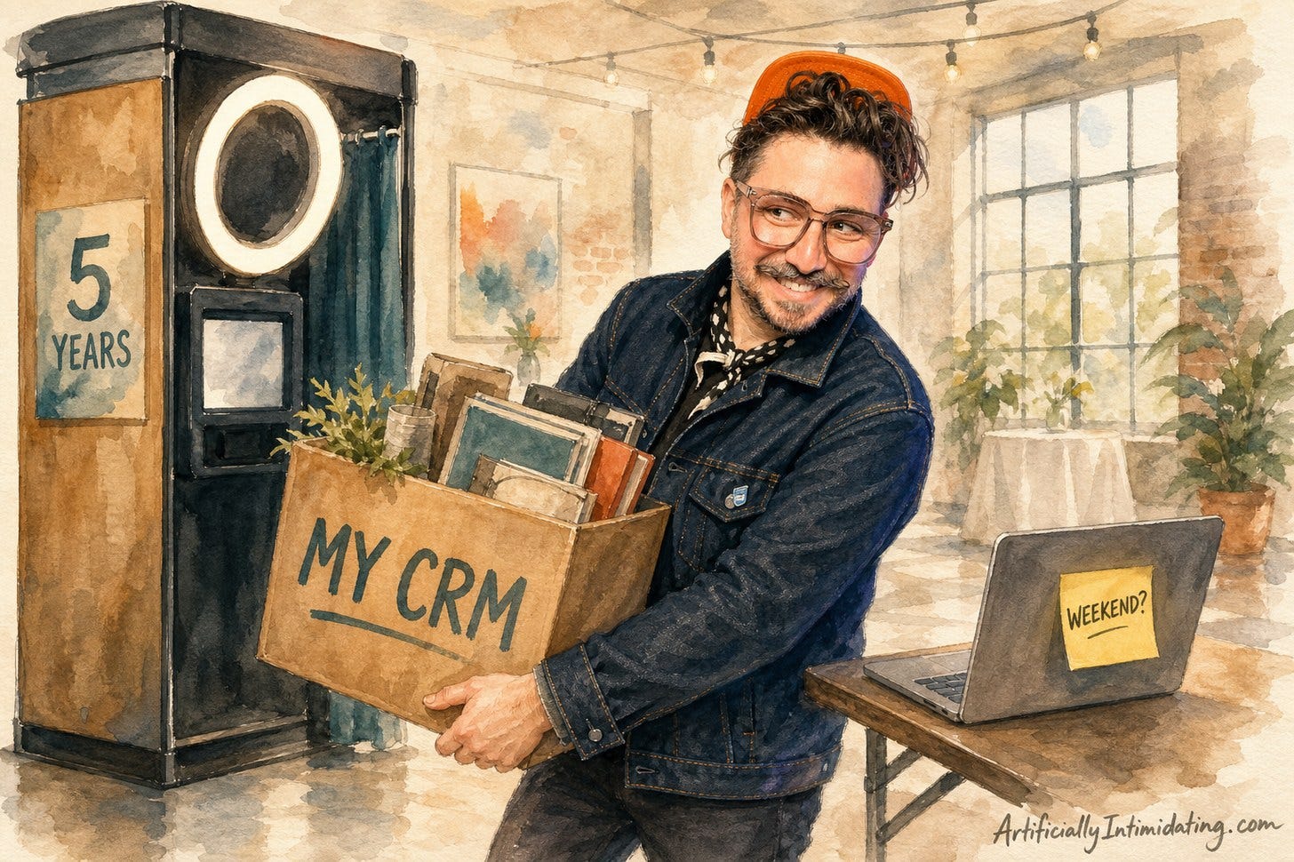 Watercolor of a professional photo booth labeled 5 YEARS and a laptop with a sticky note reading WEEKEND?. A mustached man carries a cardboard box labeled MY CRM between them, looking back with a guilty half-smile. Watercolor of a professional photo booth labeled 5 YEARS and a laptop with a sticky note reading WEEKEND?. A mustached man carries a cardboard box labeled MY CRM between them, looking back with a guilty half-smile.