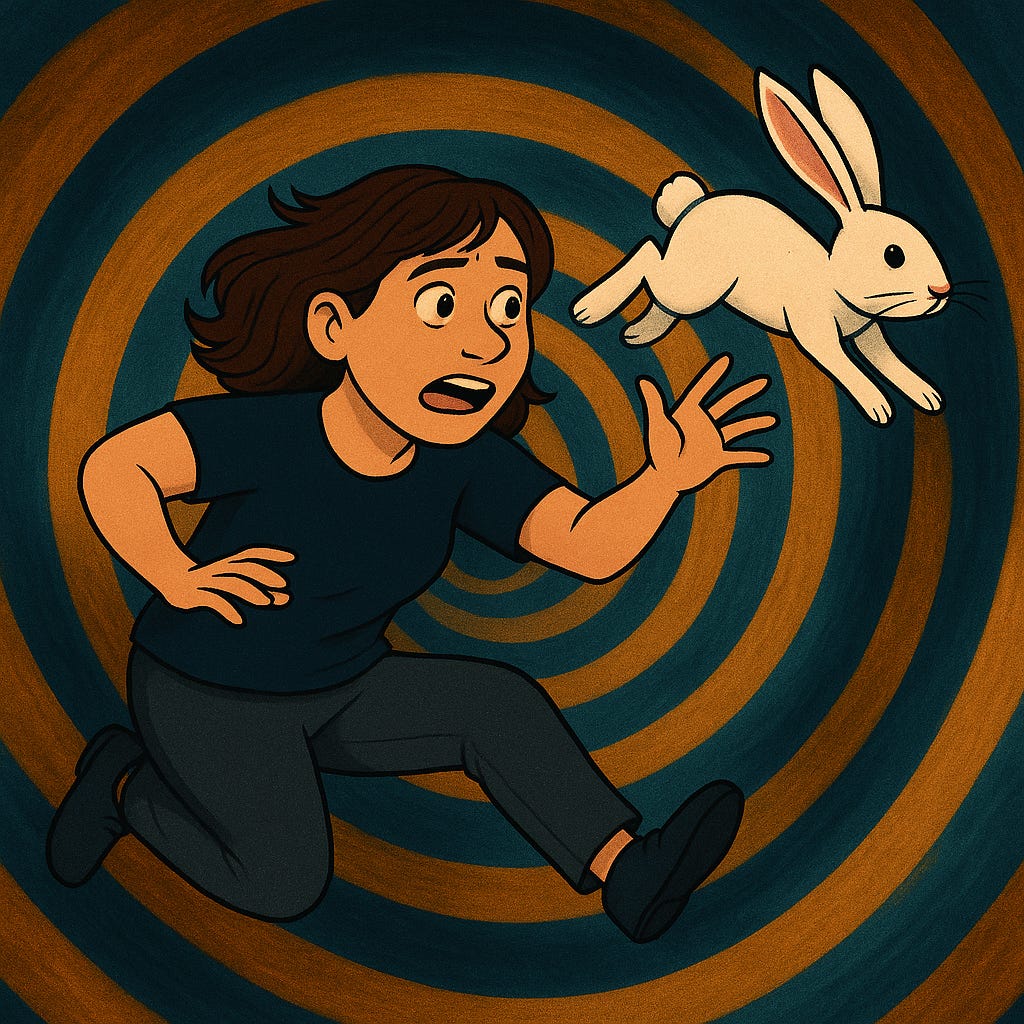Whimsical illustration of a woman tumbling down a spiraling rabbit hole, reaching toward a white rabbit darting ahead, evoking an Alice in Wonderland vibe.