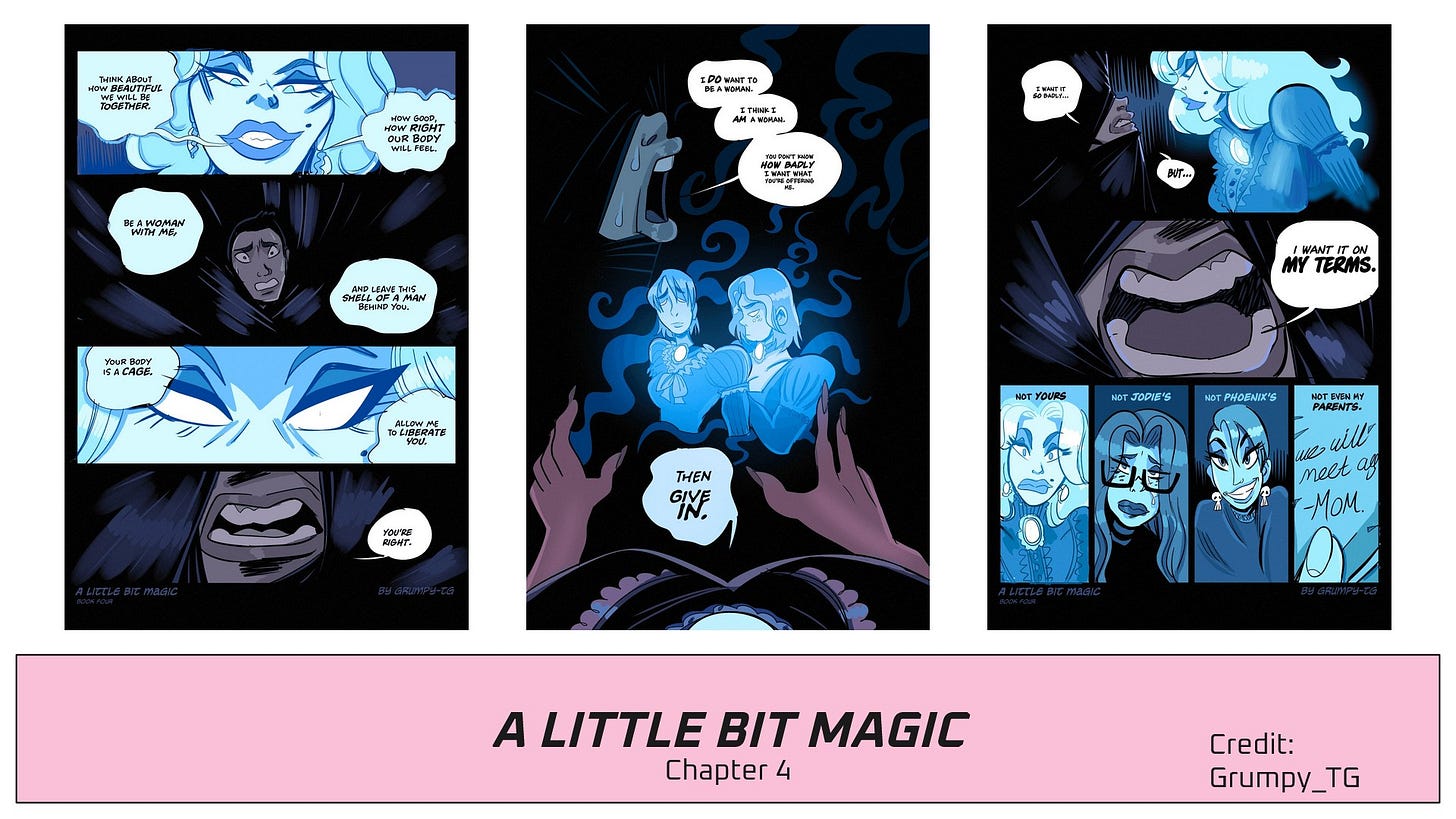The three panels of A Little Bit Magic from earlier, where a ghost is trying to possess someone who wants to be a woman.
