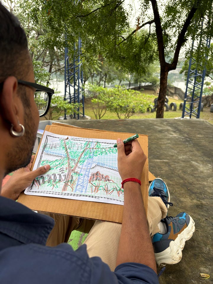 People sketching and bird watching at Udaan Park, Udaipur, Rajasthan.