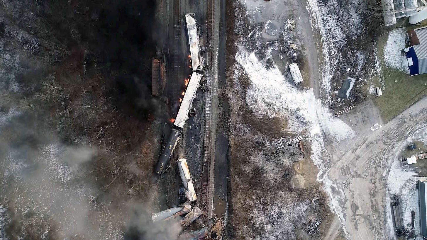 PHOTO: Drone footage shows the freight train derailment in East Palestine, Ohio, Feb. 6, 2023 in this screengrab. PHOTO: Drone footage shows the freight train derailment in East Palestine, Ohio, Feb. 6, 2023 in this screengrab.