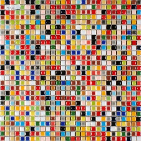 Photos of colored acrylic tiles, paint sample strips, and small multi-colored ceramic tiles.