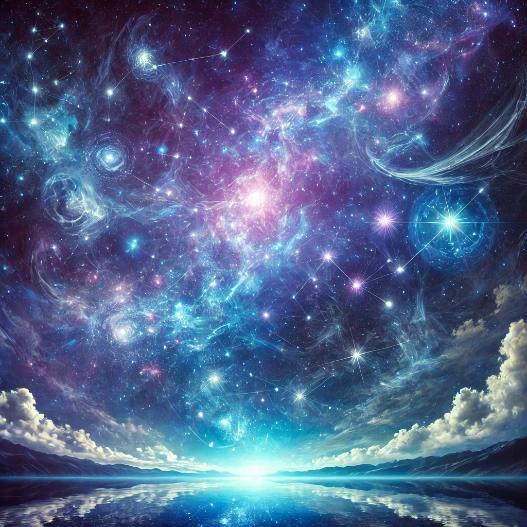 A mesmerizing starry night sky filled with countless glowing stars, twinkling in deep cosmic blues and purples. Ethereal constellations shine brightly, connected by luminous threads of cosmic energy. A celestial aurora casts a mystical glow, while swirling nebulous clouds add an otherworldly touch. Below, a tranquil landscape mirrors the celestial brilliance, creating a magical connection between Earth and the universe. The entire scene feels vast, infinite, and deeply spiritual. A mesmerizing starry night sky filled with countless glowing stars, twinkling in deep cosmic blues and purples. Ethereal constellations shine brightly, connected by luminous threads of cosmic energy. A celestial aurora casts a mystical glow, while swirling nebulous clouds add an otherworldly touch. Below, a tranquil landscape mirrors the celestial brilliance, creating a magical connection between Earth and the universe. The entire scene feels vast, infinite, and deeply spiritual.