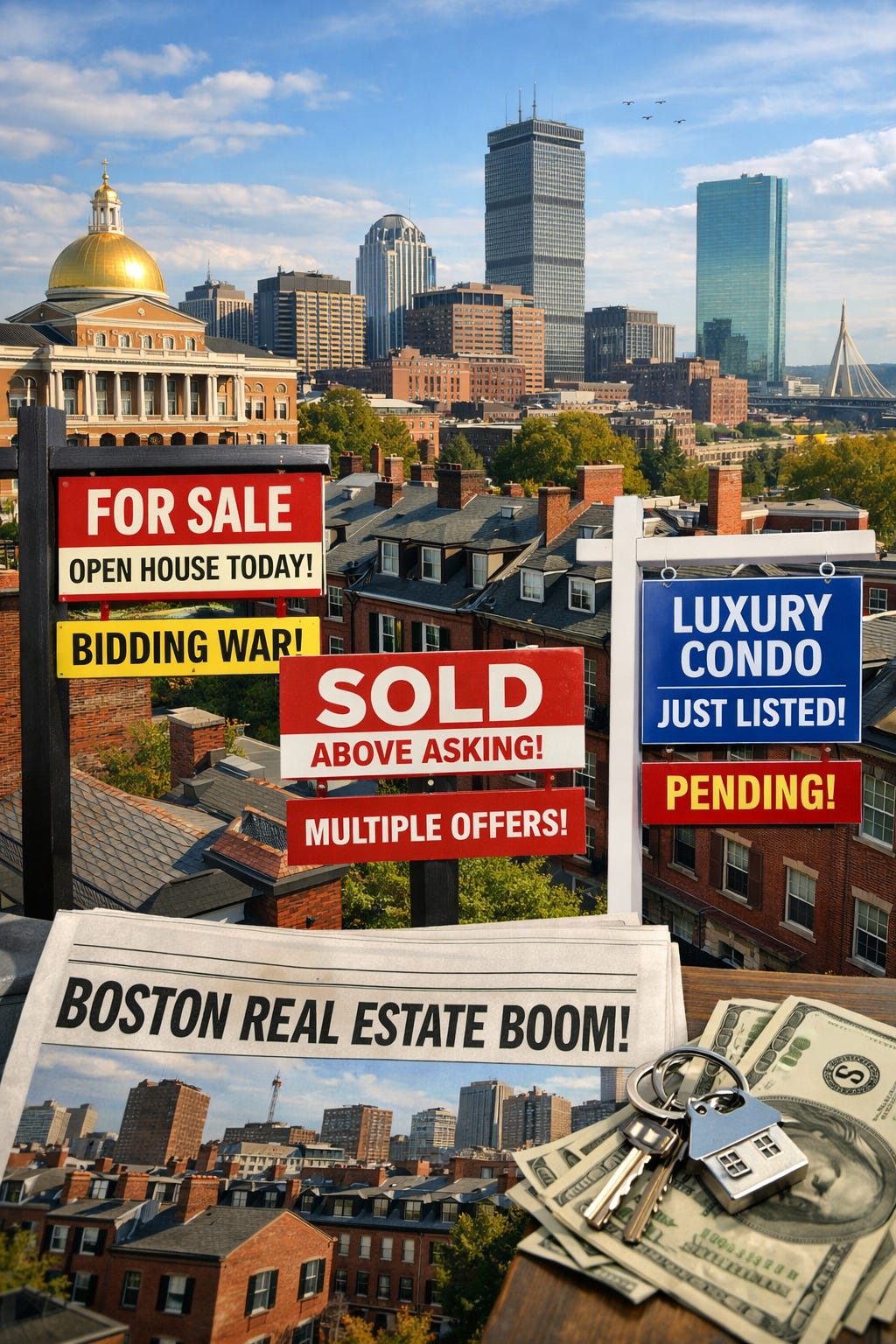 An image of various Boston scenes with other images overlayed indicating a booming housing market