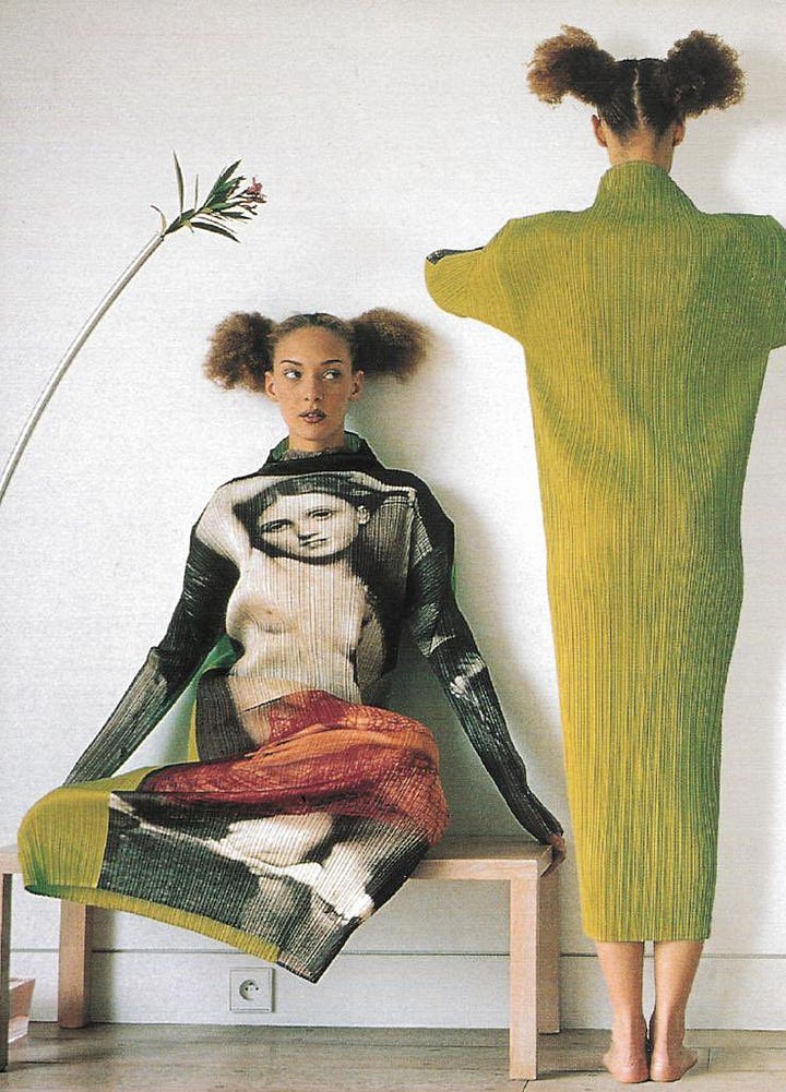 Clockwise from top left: Issey Miyake Spring/Summer 1995 (Flying Saucer collection), Autumn/Winter 1994, promotional image from 1994, and mid-1990s Pleats Please editorial featuring printed body scan imagery; bottom left shows a sculptural look from the Rhythm Pleats series. These works exemplify Miyake’s transformation of fabric into kinetic form, using pleating, geometry, and body-mapping to merge movement, technology, and design into a single visual language.