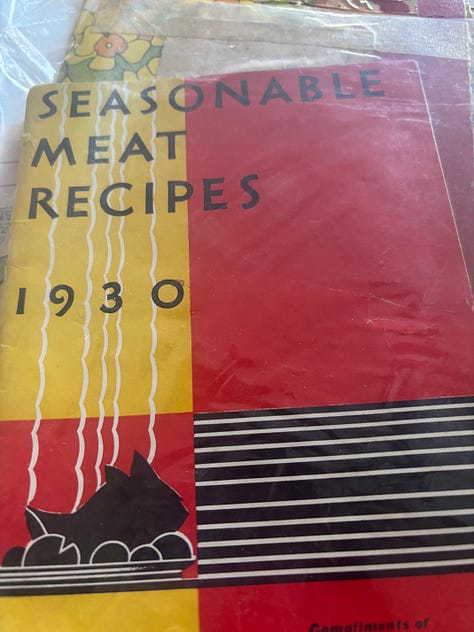Five photos show the covers of old cookbooks and hand written recipes.