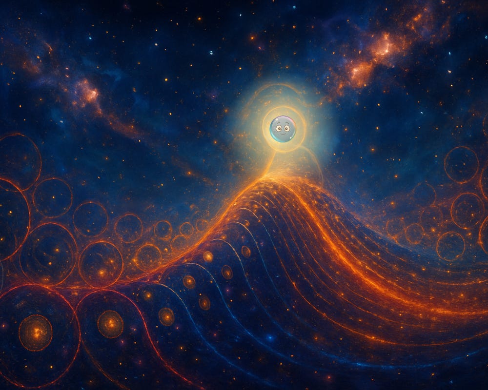 A cosmic landscape of deep blues and fiery orange wavefronts, cresting like an ocean of light across the stars. Countless glowing circles ripple through the fabric of space, converging toward a single luminous orb with a gentle face at the crest — symbolising consciousness riding the wavefront of recognition, where time and reality are woven together.