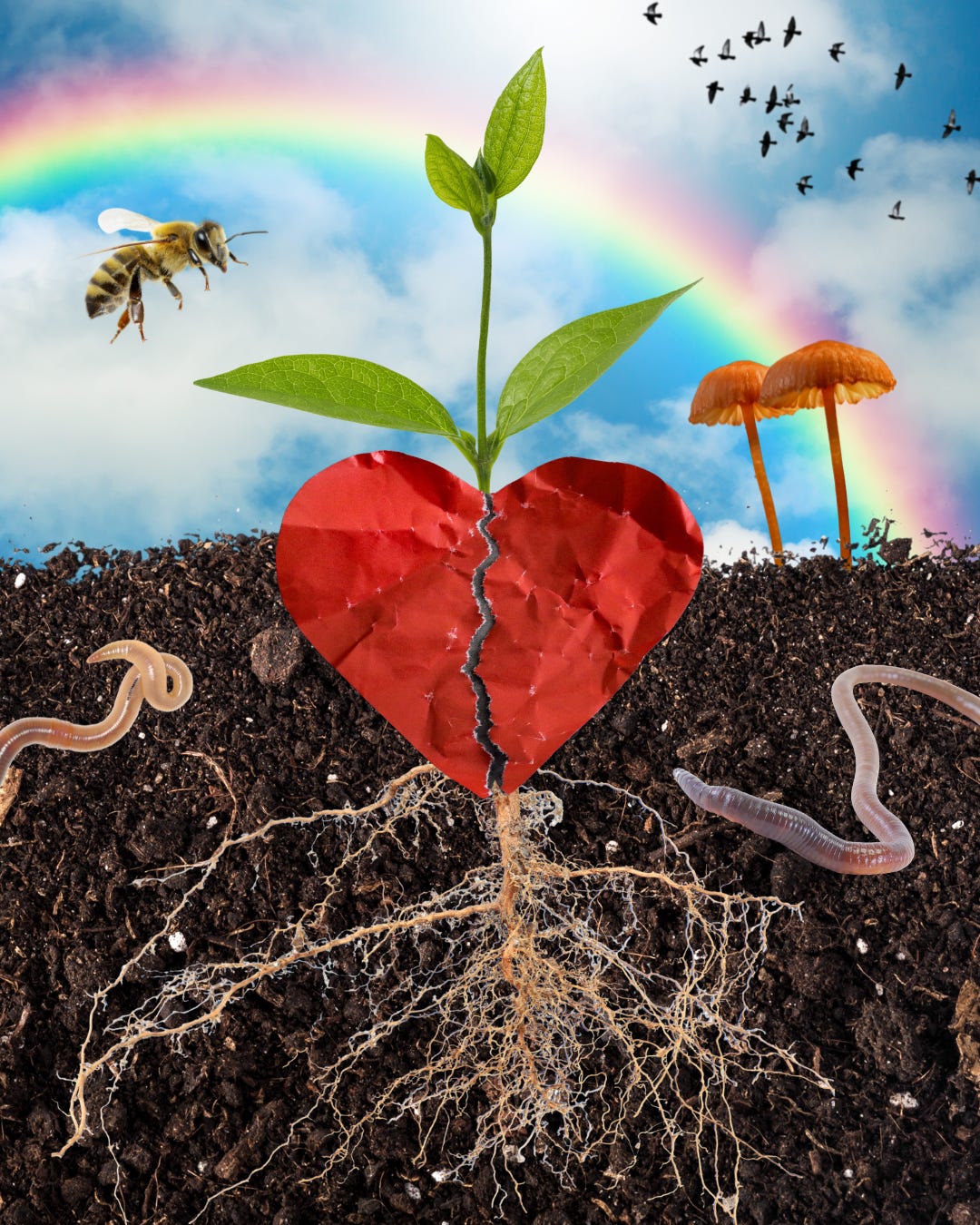 A digital collage of a heart with a crack down the middle, buried halfway in soil, with roots and green shoots and leaves emerging from the crack. A rainbow arches across the sky, earthworms crawl underground, and a bee hovers near the heart-plant.
