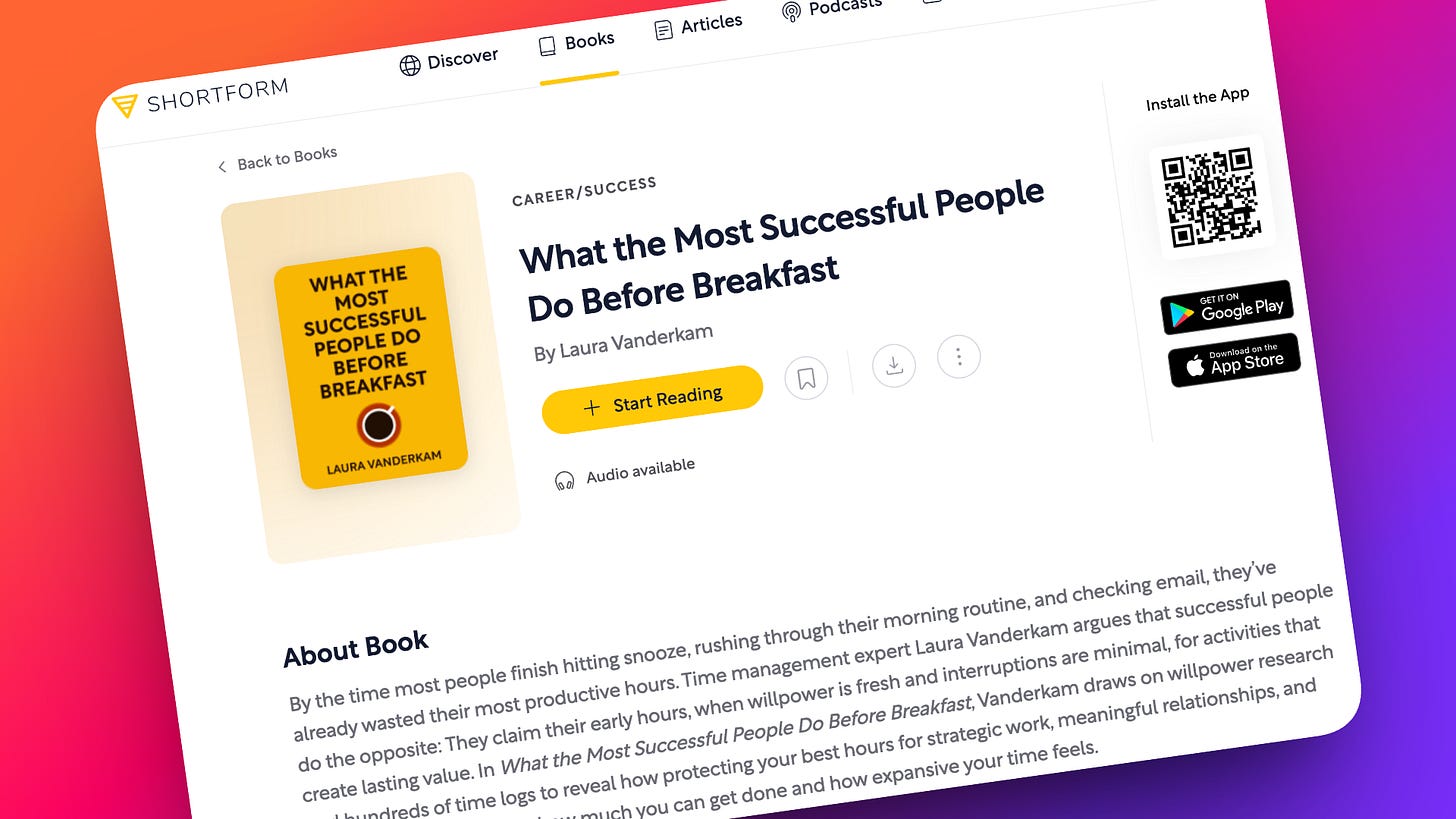 A screenshot of the Shortform website displaying a summary for the book What the Most Successful People Do Before Breakfast by Laura Vanderkam. The page includes the book cover, a "Start Reading" button, and an "About Book" section describing time management and morning routines. Alt-text generated with Gemini.