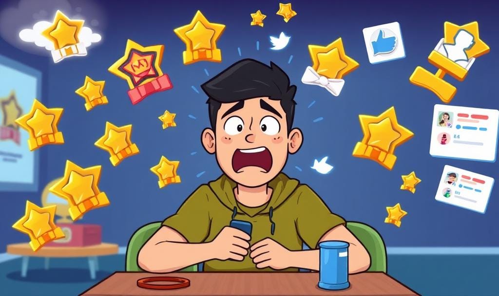 A person on their phone with all the stars and achievements around them