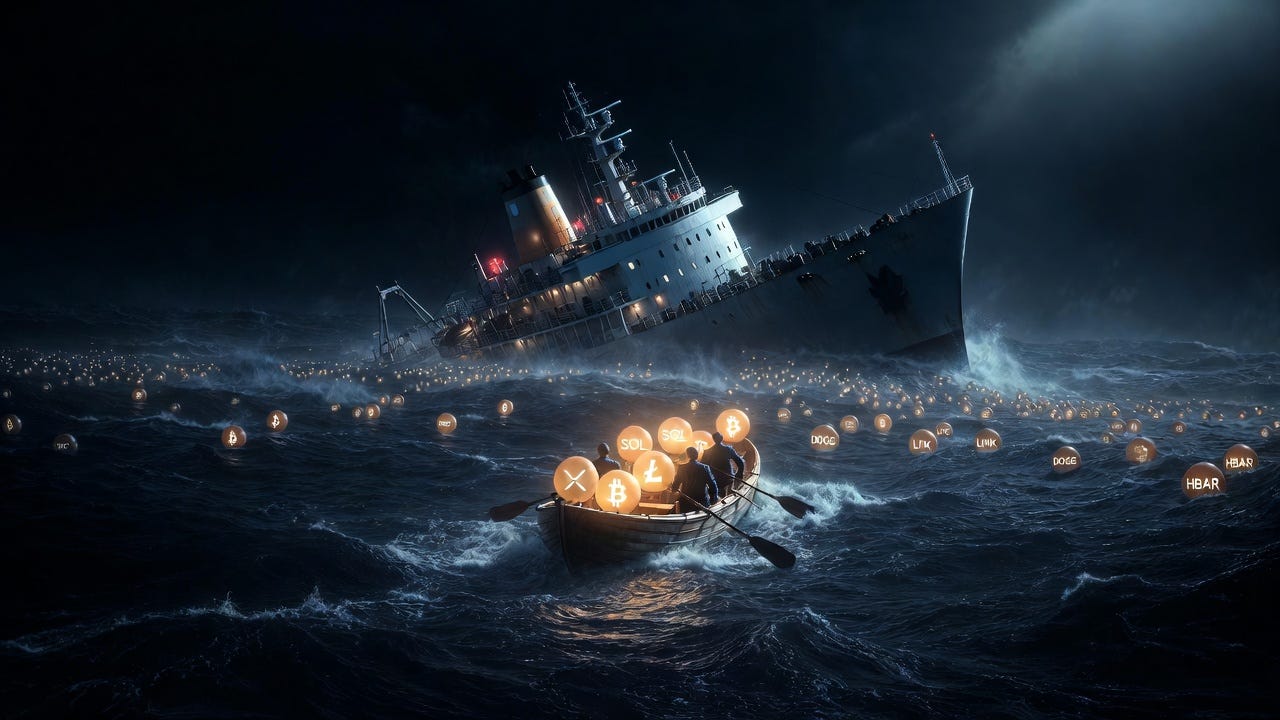 A large ship sinks in a stormy dark ocean while two figures row a small boat loaded with glowing cryptocurrency coins including Bitcoin, Solana, XRP, Litecoin, Dogecoin, Chainlink, and Hedera, as hundreds more crypto tokens float scattered across the churning water A large ship sinks in a stormy dark ocean while two figures row a small boat loaded with glowing cryptocurrency coins including Bitcoin, Solana, XRP, Litecoin, Dogecoin, Chainlink, and Hedera, as hundreds more crypto tokens float scattered across the churning water